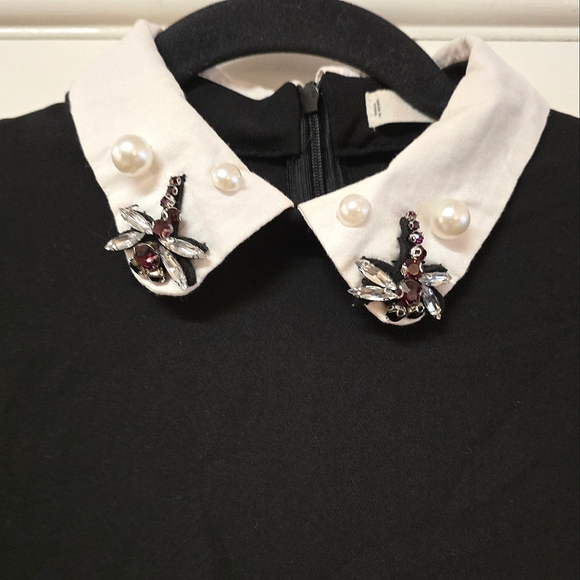 Mango - Black & White Embellished Gem Collar Short-Sleeve Dress With Back Zipper - Picture 2 of 5